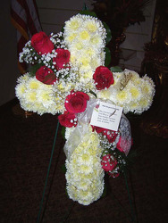 Cross of White Poms with Red Roses from Clark Flower and Gift Shop in Clark, SD