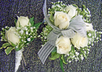 White Spray Roses & Babies Breath Wrist Corsage & Boutineer from Clark Flower and Gift Shop in Clark, SD