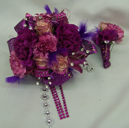 Purple Wrist Corsage & Boutineer with Bling from Clark Flower and Gift Shop in Clark, SD