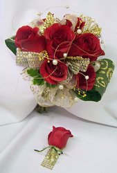 Red Roses With Gold Accents Bouquet & Boutineer from Clark Flower and Gift Shop in Clark, SD
