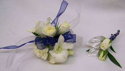 White Mix with Silver & Blue Accents Wrist Corsage from Clark Flower and Gift Shop in Clark, SD