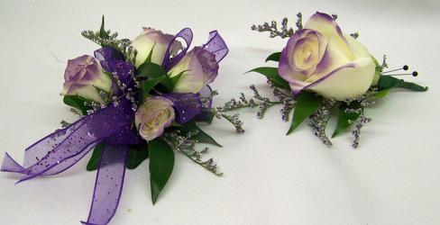White Spray Roses Tipped Purple Wrist Corsage from Clark Flower and Gift Shop in Clark, SD