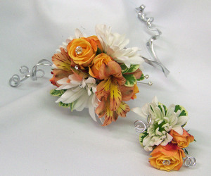 Orange & White Arm Corsage & Boutineer from Clark Flower and Gift Shop in Clark, SD