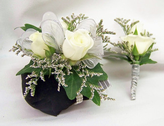 White Spray Roses Wrist Corsage & Boutineer from Clark Flower and Gift Shop in Clark, SD