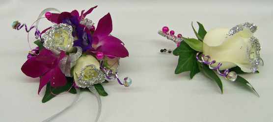 Wrist Corsage of Purple & White & Silver from Clark Flower and Gift Shop in Clark, SD