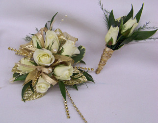 White Spray Roses with Gold Accent Wrist Corsage & Boutineer from Clark Flower and Gift Shop in Clark, SD