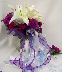 White Lilies & Purple Carnations Bouquet & Boutineer from Clark Flower and Gift Shop in Clark, SD