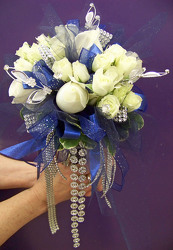 White Roses & Spray Roses with Silver & Blue Accents from Clark Flower and Gift Shop in Clark, SD