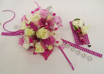 Wrist Corsage of White Blooms & Silver & Hot Pink Accents from Clark Flower and Gift Shop in Clark, SD