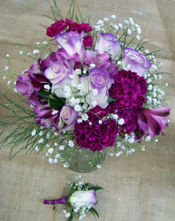 Purple & White Bouquet & Boutineer from Clark Flower and Gift Shop in Clark, SD