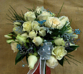 White Spray Roses & Blue Accents Bouquet from Clark Flower and Gift Shop in Clark, SD