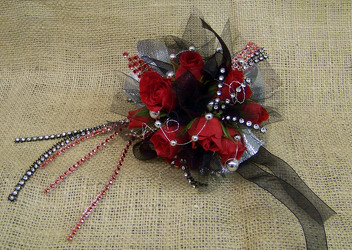 Red & Black Wrist Corsage from Clark Flower and Gift Shop in Clark, SD