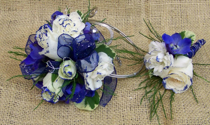 Blue & White Arm Corsage & Boutineer from Clark Flower and Gift Shop in Clark, SD