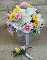 Pink, Yellow & White Bouquet & Boutineer from Clark Flower and Gift Shop in Clark, SD