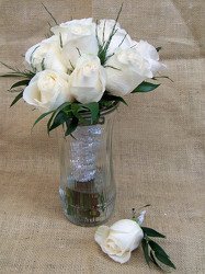 White Roses Handtied Bouquet & Boutineer from Clark Flower and Gift Shop in Clark, SD