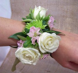 Wrist Corsage of Spray Roses & Succulents & Fillers from Clark Flower and Gift Shop in Clark, SD