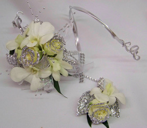 White & Silver Arm Corsage & Boutineer from Clark Flower and Gift Shop in Clark, SD