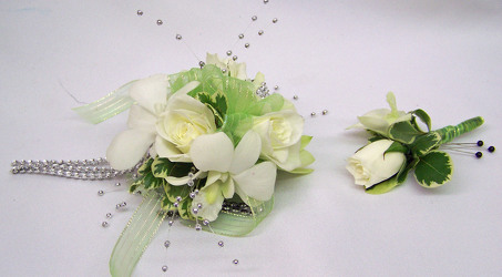 White Blooms & Silver Accents Wrist Corsage & Boutineer from Clark Flower and Gift Shop in Clark, SD