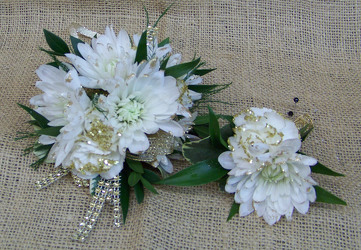 White & Gold Wrist Corsage & Boutineer from Clark Flower and Gift Shop in Clark, SD