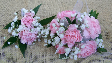 Pink Minicarnations Wrist Corsage & Boutineer from Clark Flower and Gift Shop in Clark, SD