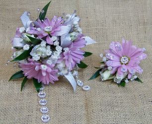 White Spray Roses & Lavender Daisies Corsage & Boutineer from Clark Flower and Gift Shop in Clark, SD