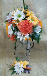 Orange Carnations & Mixed Daisies Bouquet & Boutineer from Clark Flower and Gift Shop in Clark, SD